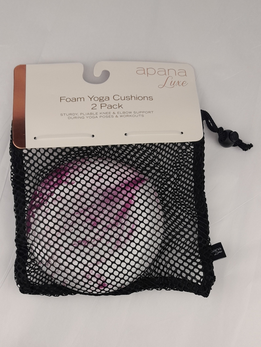 Apana Luxe Foam Yoga Knee Cushions Purple White Marble Design With Mesh Bag